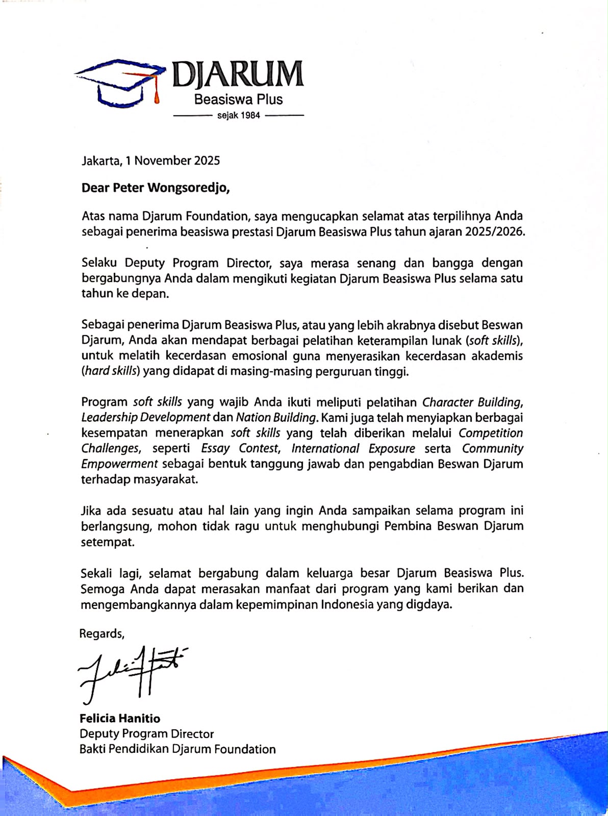 Letter from the Bakti Pendidikan Djarum Foundation, dated 1 November 2025, confirming Peter Wongsoredjo as a Djarum Beasiswa Plus achievement scholarship recipient for the 2025/2026 academic year