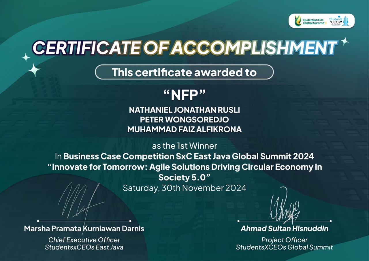 Certificate of Accomplishment awarding team NFP, including Peter Wongsoredjo, 1st Winner of the Business Case Competition at the StudentsxCEOs East Java Global Summit 2024